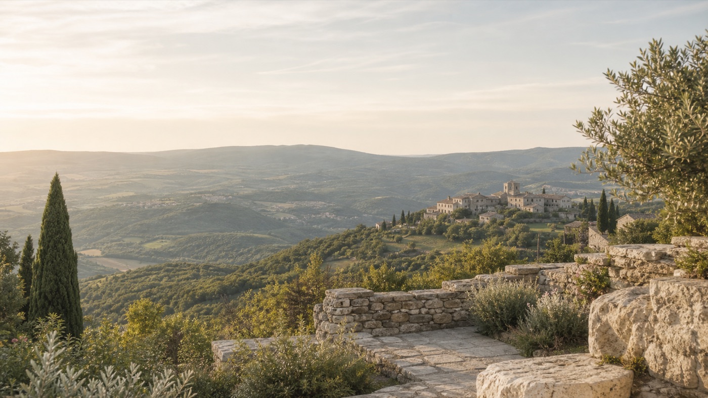 Belső-Isztria dombvidéki panorámája